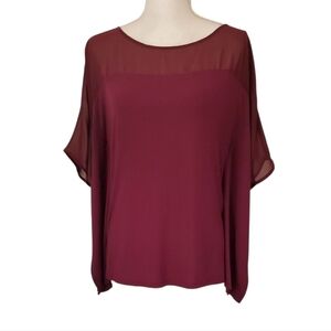 White House Black Market Burgundy Sheer Poncho Sleeve Boat Neck Blouse Size S